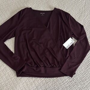 NWT Nine West Midnight Grape Burgundy Long Sleeve Surplice Wrap Top - Small